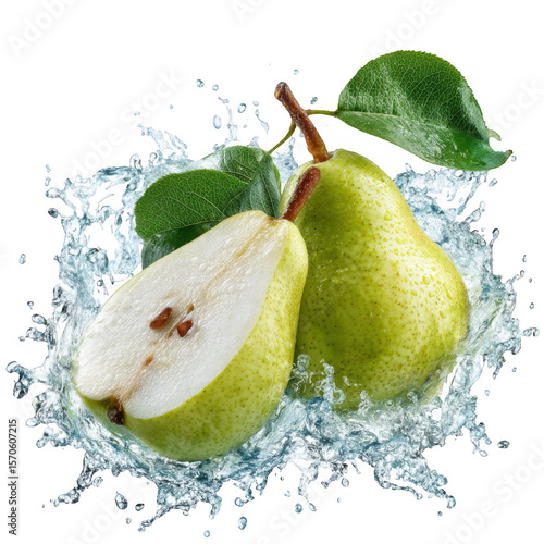 Fresh green pears with water splash and leaves isolated on transparent background