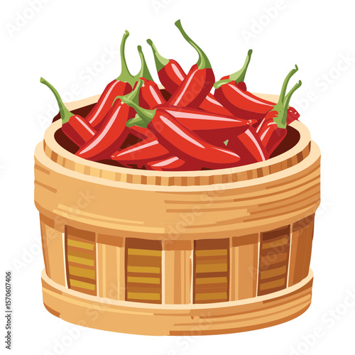 Traditional Basket Filled with Red Peppers - Vector Illustration