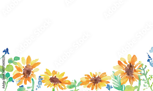 水彩画。水彩タッチの向日葵と草木の夏フレーム。ひまわりのベクターイラスト。
Watercolor painting. Summer frame of watercolor sunflowers and plants. Vector illustration of sunflowers.