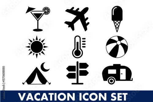Travel and vacation icons depicting leisure and adventure essentials for global exploration needs