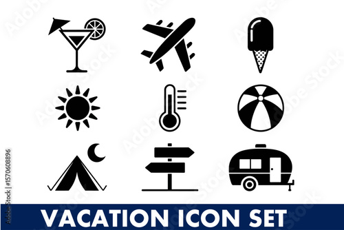 Travel and vacation icons depicting leisure and adventure essentials for global exploration needs