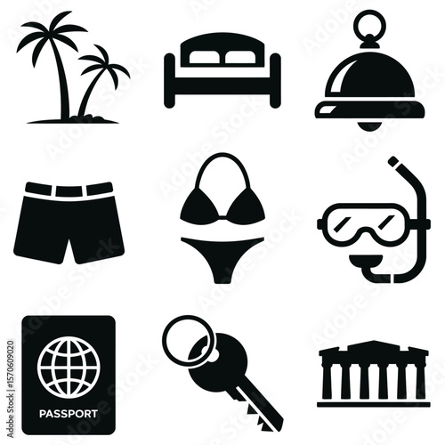Travel and vacation icons depicting leisure and adventure essentials for global exploration needs