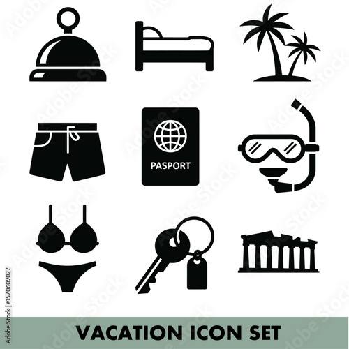 Travel and vacation icons depicting leisure and adventure essentials for global exploration needs