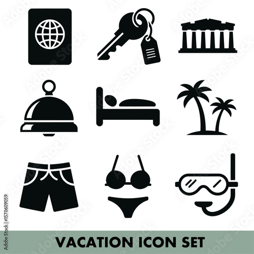 Travel and vacation icons depicting leisure and adventure essentials for global exploration needs