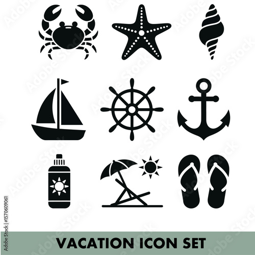 Travel and vacation icons depicting leisure and adventure essentials for global exploration needs