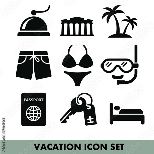Travel and vacation icons depicting leisure and adventure essentials for global exploration needs