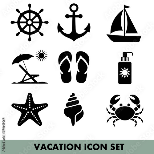 Travel and vacation icons depicting leisure and adventure essentials for global exploration needs