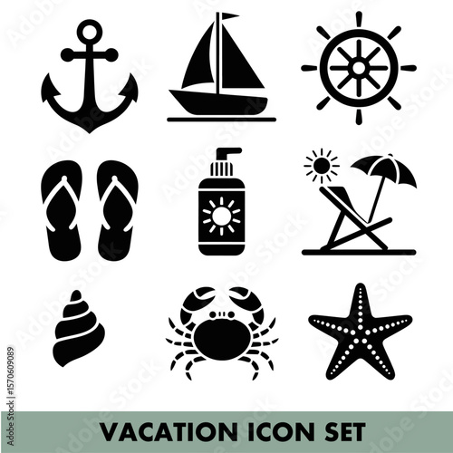 Travel and vacation icons depicting leisure and adventure essentials for global exploration needs