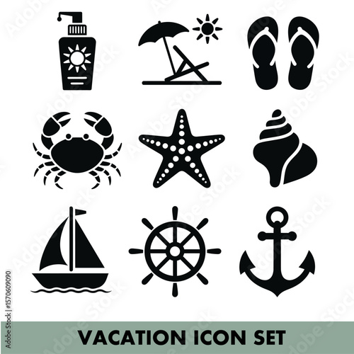 Travel and vacation icons depicting leisure and adventure essentials for global exploration needs