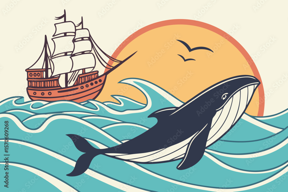 Obraz premium ship, boat, whale, underwater, ocean, waves, sunset, digital art, stylized, vibrant colors