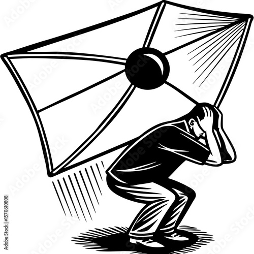 A stressed man carrying a heavy burden depicted in a bold black and white vector graphic illustrating overwhelm