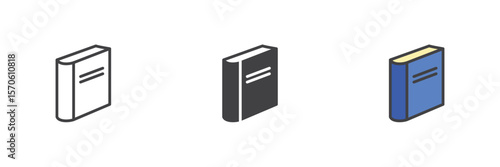 Hardcover book icon set in line, solid and filled outline style