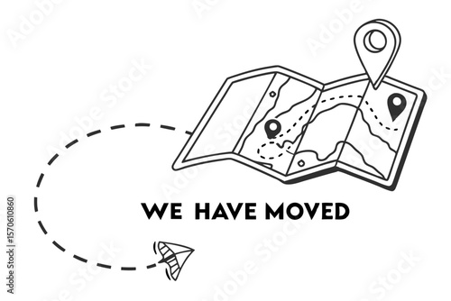 Black and white illustrated announcement with map and location marker for new address reveal, transparent design element.
