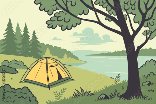 Cartoon illustration showcasing a serene lakeside camping scene complete with tent trees and beautiful green landscape suitable for various design projects.