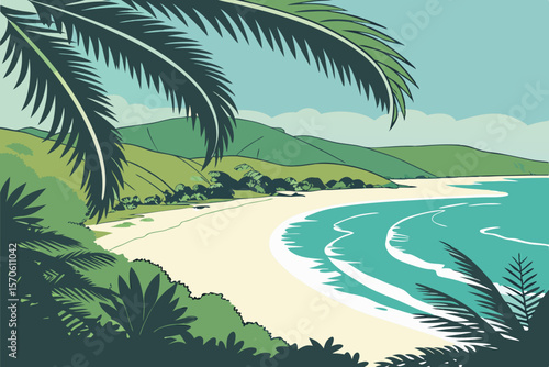 Serene beach scene illustration showcasing lush green palm fronds and sandy shores under a gentle sky with clean and modern flat design.