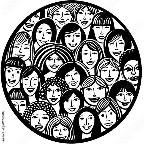 Smiling faces of diverse women in a black and white circular illustration representing friendship and community cohesion in a powerful design.