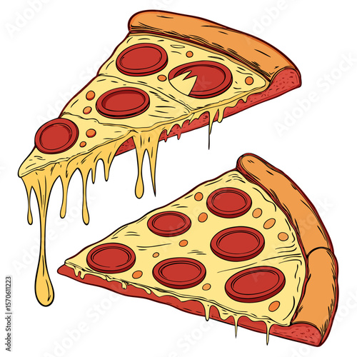 "detailed, high quality, colorful, realistic illustration of two slices of pepperoni pizza, melted cheese, steaming hot, dripping cheese, crisp crust"
