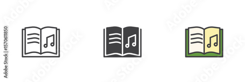 Music book icon set in line, solid and filled outline style