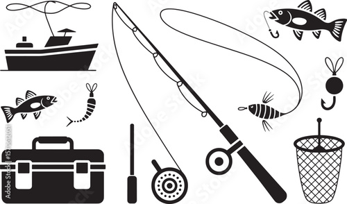Angler's Fishing Tools Collection: Rod, Reel, Bait, Lure & Hook