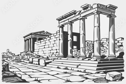  ancient greek ruins, classical columns, damaged stone blocks, column capital, black and white sketch style, intricate details, high contrast