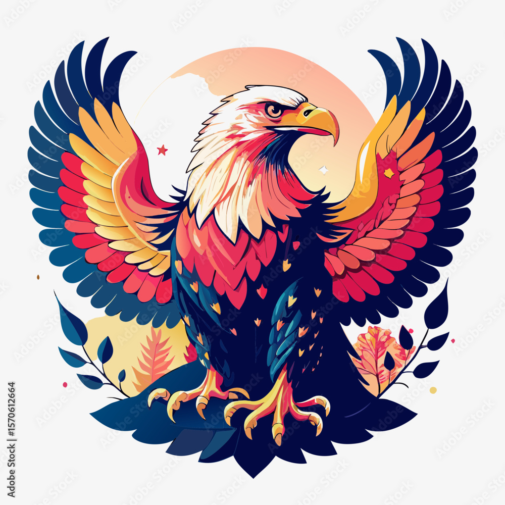 Obraz premium Flying eagle bird vector illustration with wings spread in artistic style