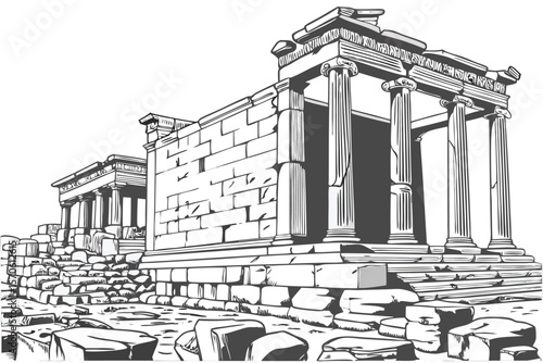  ancient greek ruins, classical columns, damaged stone blocks, column capital, black and white sketch style, intricate details, high contrast