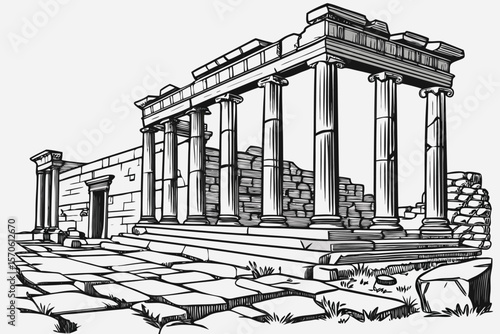  ancient greek ruins, classical columns, damaged stone blocks, column capital, black and white sketch style, intricate details, high contrast