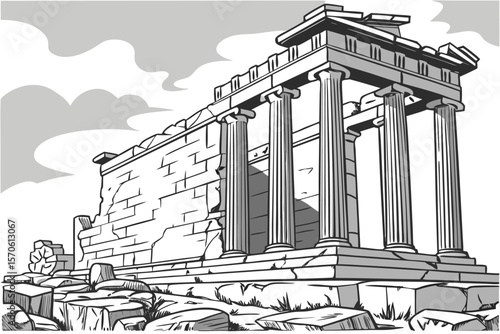  ancient greek ruins, classical columns, damaged stone blocks, column capital, black and white sketch style, intricate details, high contrast