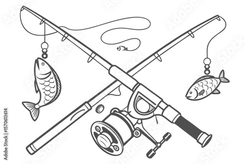 fishing rods, crossed fishing rods, fishing equipment, black and white illustration, minimalist design, simple line art