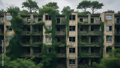 Abandoned urban real estate, decaying apartment complex overtaken by nature, vines through windows