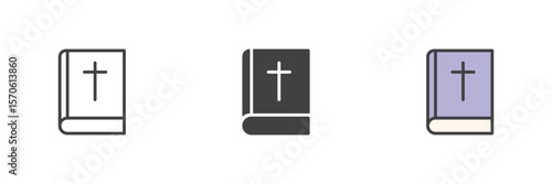 Christian Bible icon set in line, solid and filled outline style