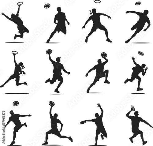 Dynamic silhouettes of men and women playing frisbee, throwing, catching, jumping, running, active outdoor sport, ultimate frisbee game, fitness, teamwork, competition, energy