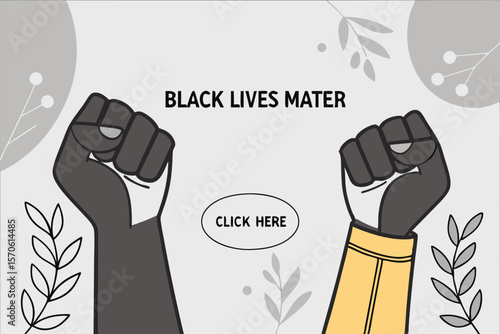 An illustration displaying black lives matter message with fists raised and a click here button on a white transparent background.