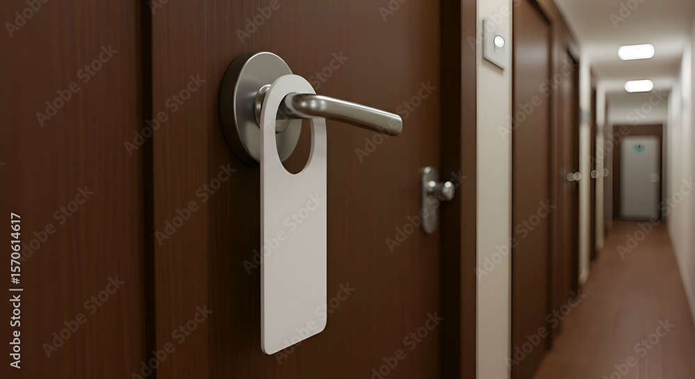 Hotel room door with blank doorknob hanger in a hallway. Empty tag on a door handle in a hotel corridor. Hotel guest room with empty doorknob hanger in a modern hotel. Hotel room door with blank doorknob hanger in a hallway. Empty tag on a door handle in a hotel corridor. Hotel guest room with empty doorknob hanger in a modern hotel.
