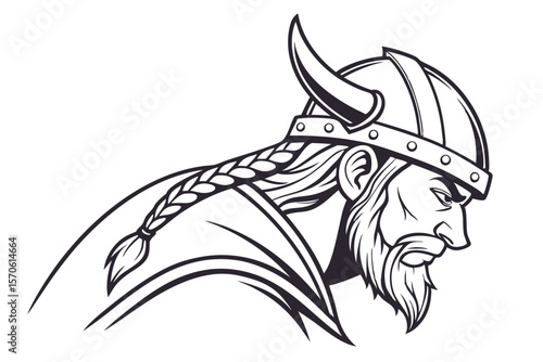 Vector illustration of a fierce viking warrior head in profile wearing a horned helmet and braided hair, ideal for logo design.
