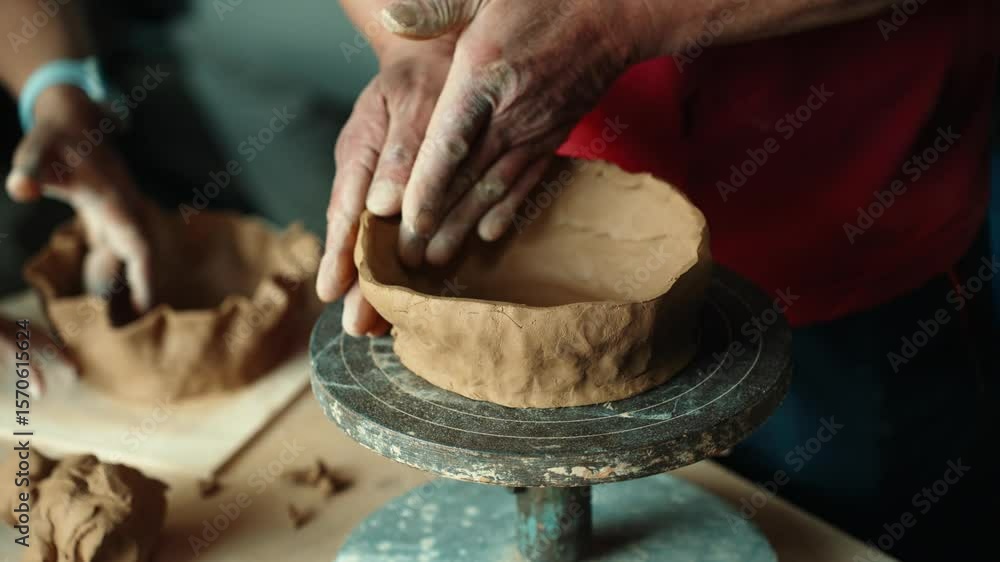 A close-up of an artisan potter's hands using a traditional hand-building technique to pinch and shape a rustic bowl from a lump of clay on a banding wheel in a workshop.