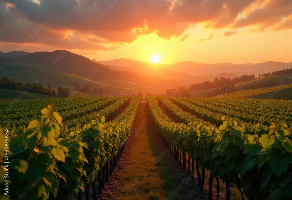 Fototapeta premium beautiful vineyard rows sunset valley landscape glowing grapevines elegant nature serenity greenery harvest row, field, scenery, tendrils, fruit, plantation