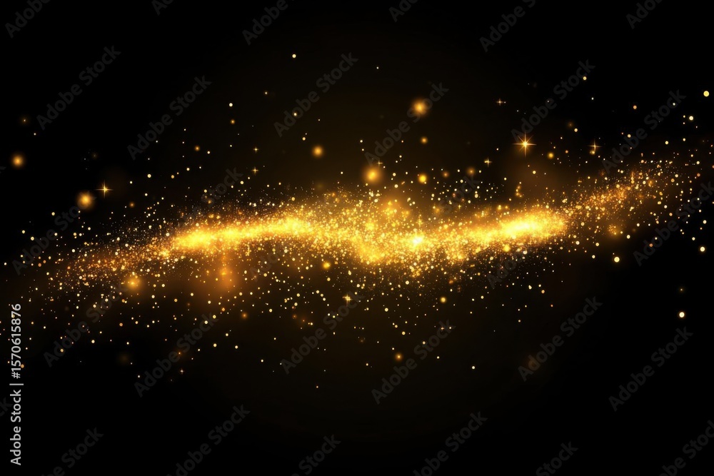 Fototapeta premium Golden Dust Shimmers on Dark Background in Glitter Effect, Decoration Themes