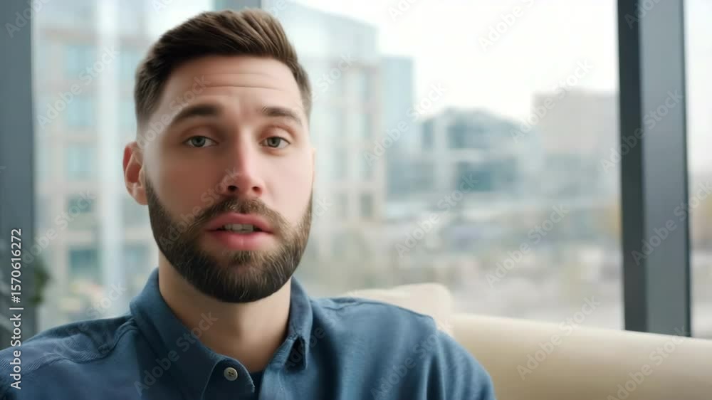 An attractive young man with short hair and a beard, smiling at the camera in his modern office space An attractive young man with short hair and a beard, smiling at the camera in his modern office space