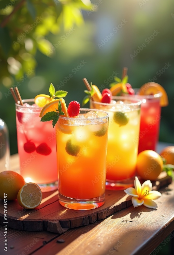 Fototapeta premium chilled cocktail glasses refreshing fruit garnishes vibrant colors inviting summer vibe celebration, beverage, lemon, lime, orange, berry, cheers