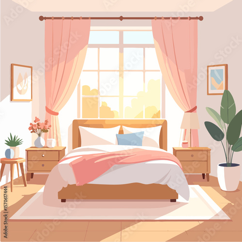 Sunlit bedroom featuring a woodframed bed pink curtains two bedside tables artwork indoor plants and a white rug