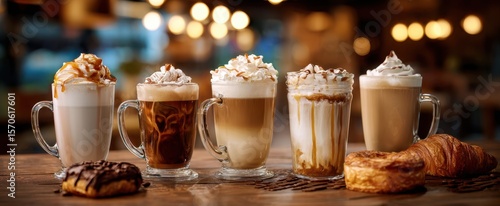 The assortment of delicious coffees with pastries on a rustic wooden table.