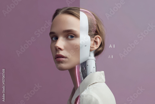 halfportrait with human on purple background robot side on white with transparent faceplate showing digital matrix