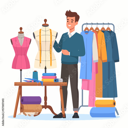 A tailor stands amidst a sewing studio flanked by mannequins and garments on a rack