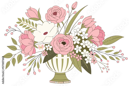 Elegant floral arrangement in soft pink and white blooms in a decorative urn isolated on white with transparency