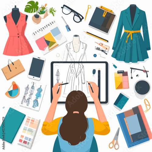 A fashion designer sits at a desk drawing a design on a tablet surrounded by design tools