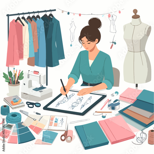 A fashion designer is sketching clothes on a tablet with a sewing machine and fabrics on the desk and clothes on hangers