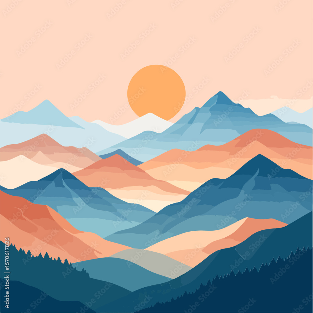 Naklejka premium Mountain landscape with layered blue orange peaks under an orange sun in a light peach sky Coniferous trees at the bottom