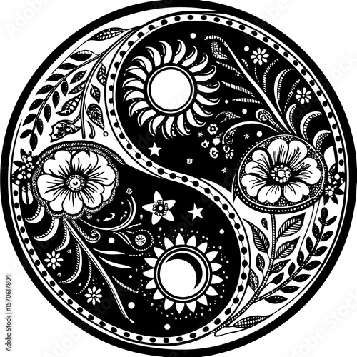 Yin yang symbol featuring decorative floral and celestial elements in a circular black and white vector illustration