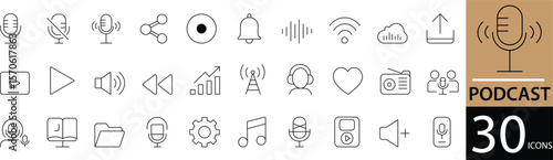 Minimal Podcast Line Icon Set 30 Clean Outline Designs for Audio, Recording, and Streaming Use